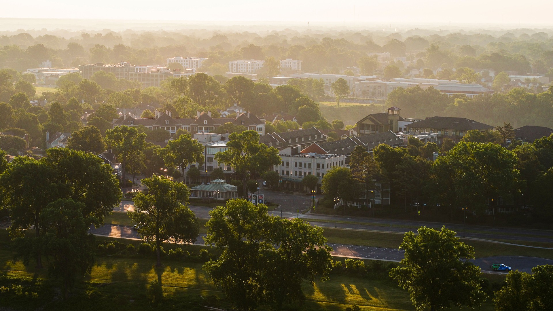 Sunny neighborhood in Memphis, Harbor Town. Aerial view of the cityscape and trees in Harbor Town, Memphis, TN