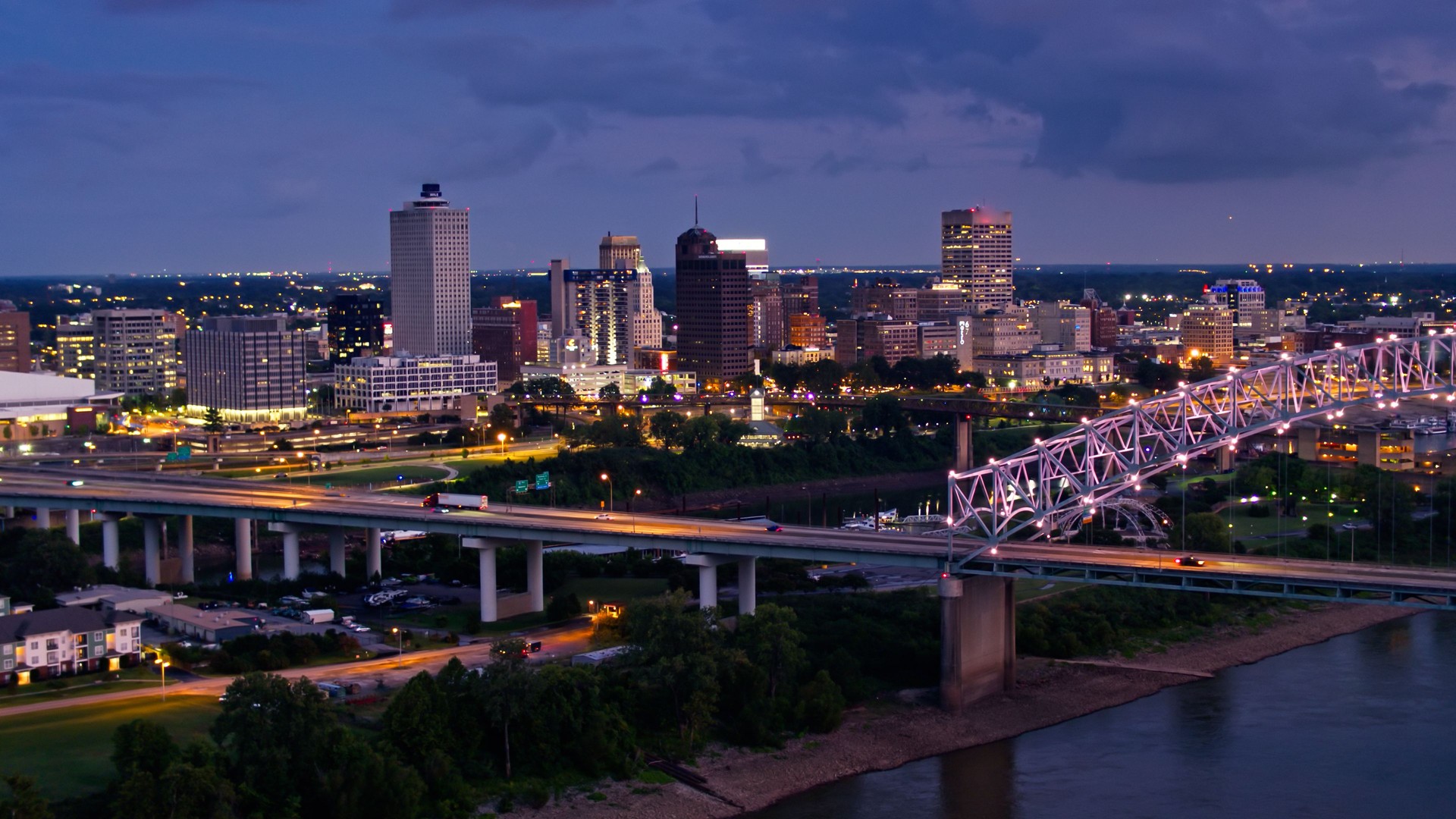 Memphis Waterfront and Downtown Skyline on Stormy Evening - Drone Shot